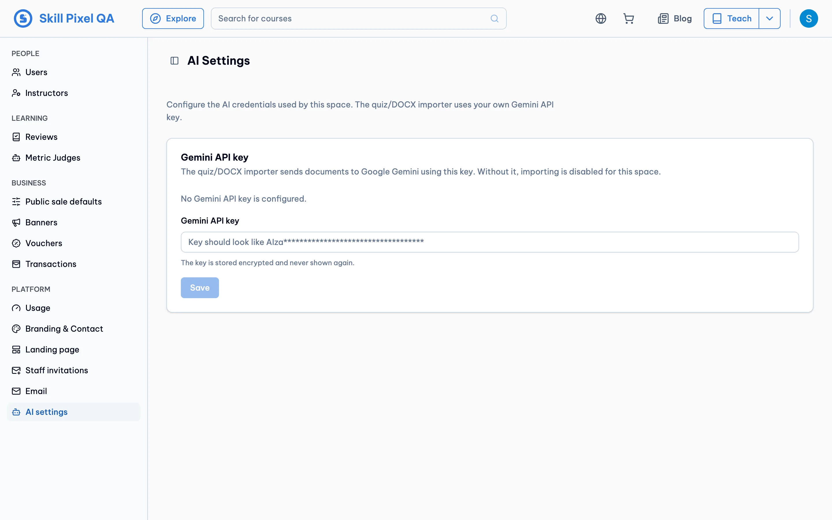Admin AI settings page with no key configured