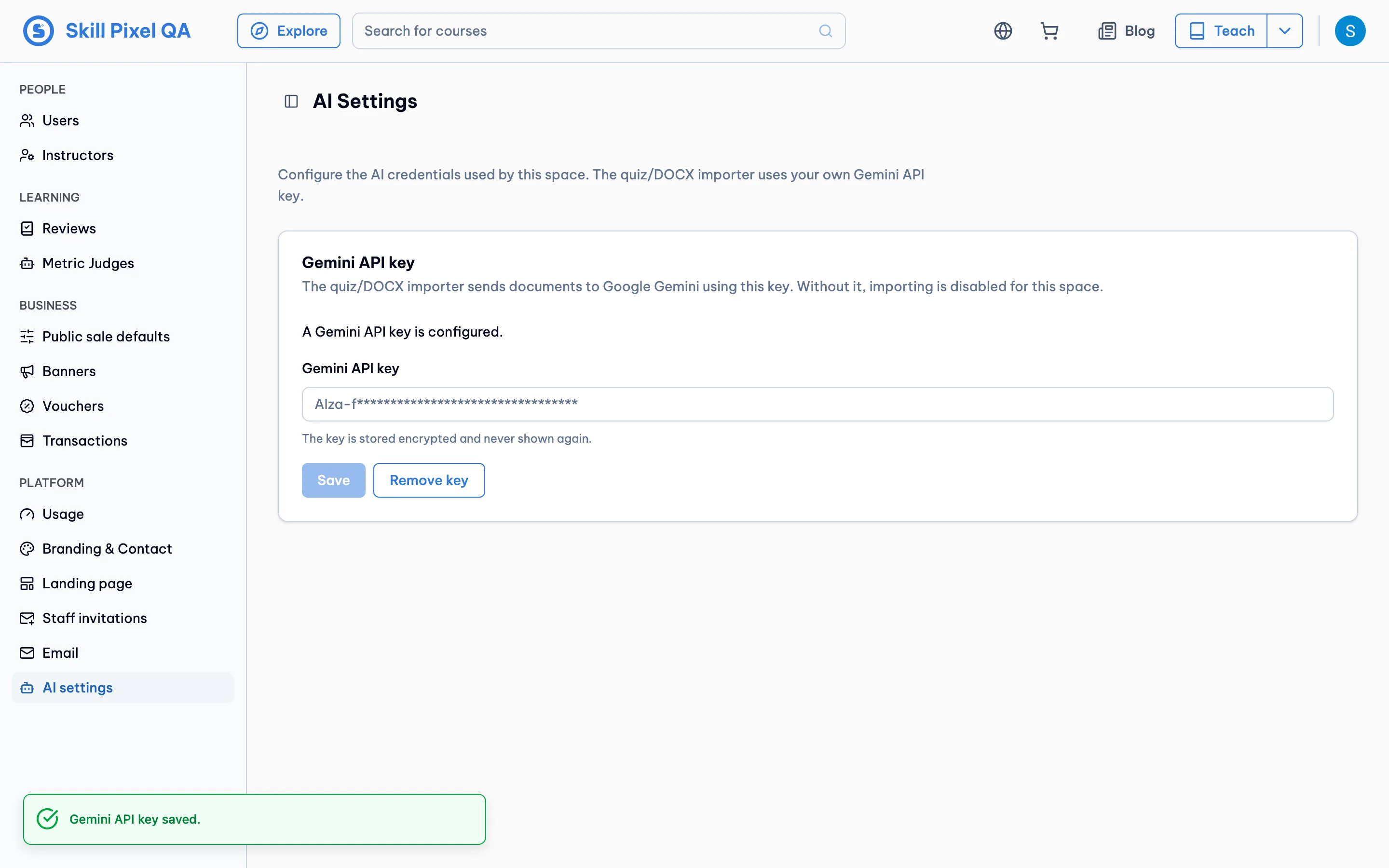 Admin AI settings page, key saved