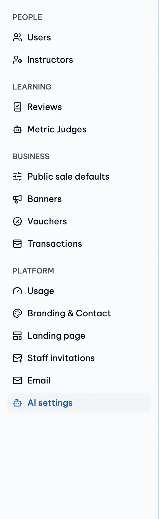 Admin sidebar rail with the AI settings entry highlighted